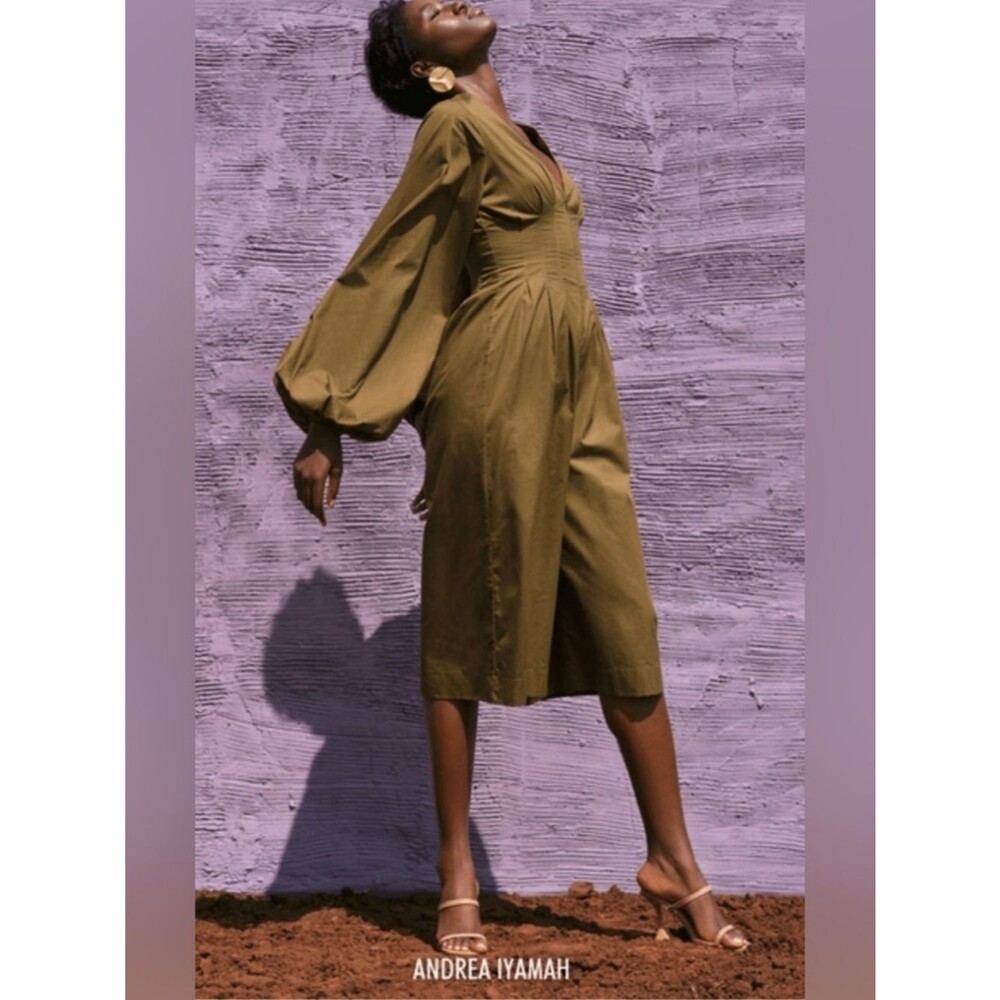 Andrea Iyamah Nia Deep Olive Culotte Wide Leg Jumpsuit Size Small 100% Cotton